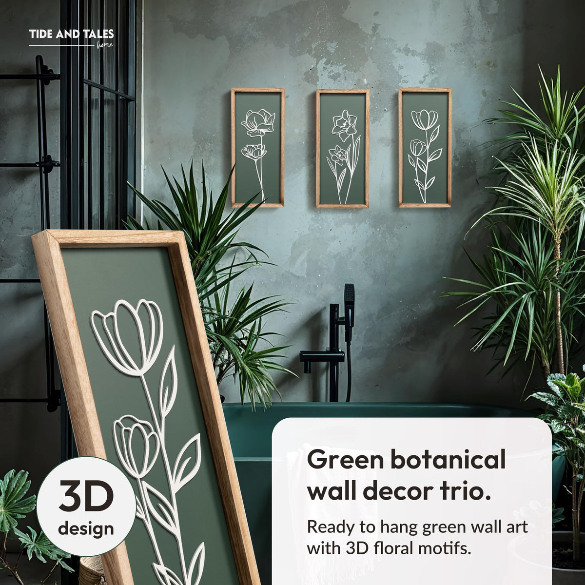 Tide and Tales 3D floral wall art panel 2 brings sage-green accent to bathrooms