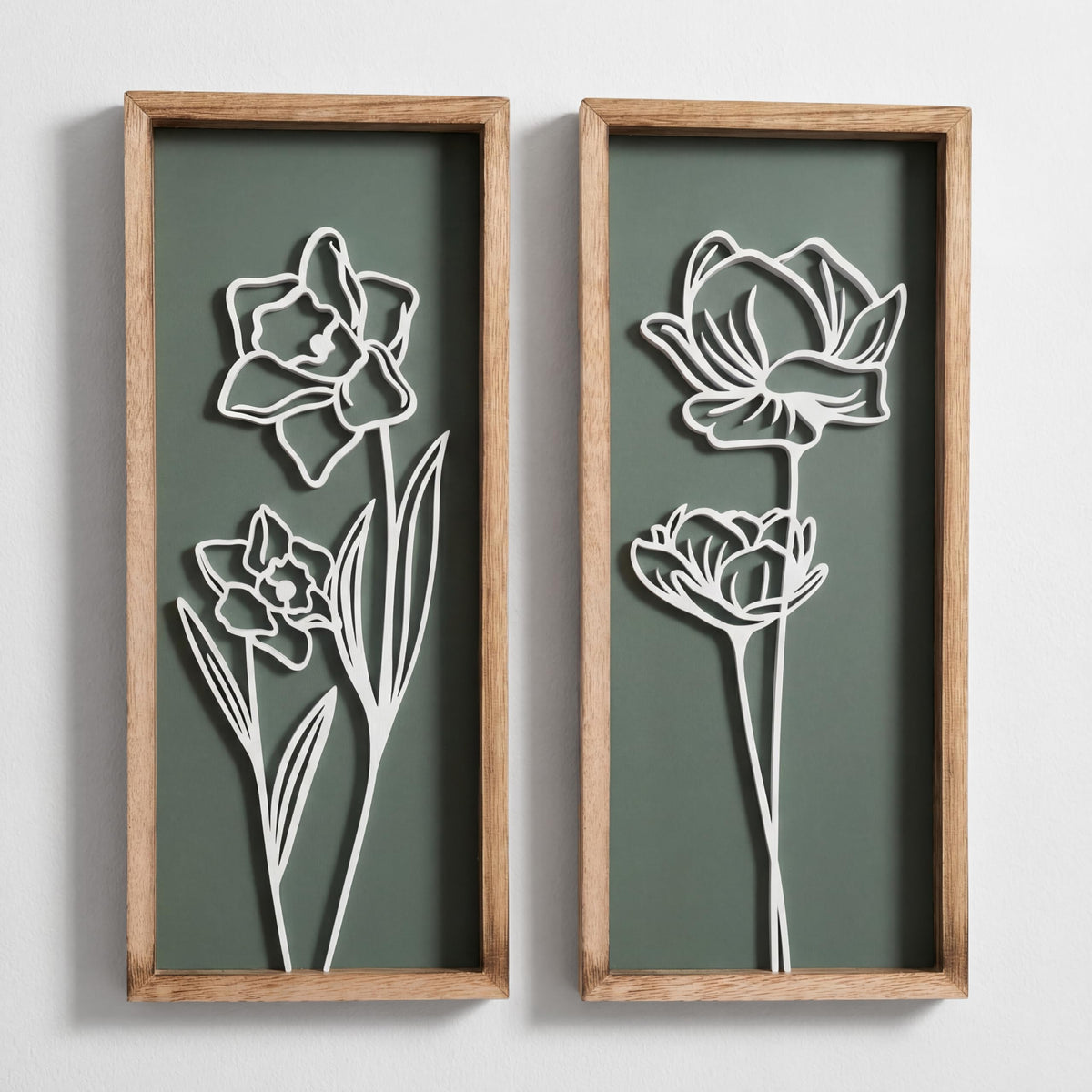 Tide and Tales 3D floral green wall art set adds textured depth to any wall.