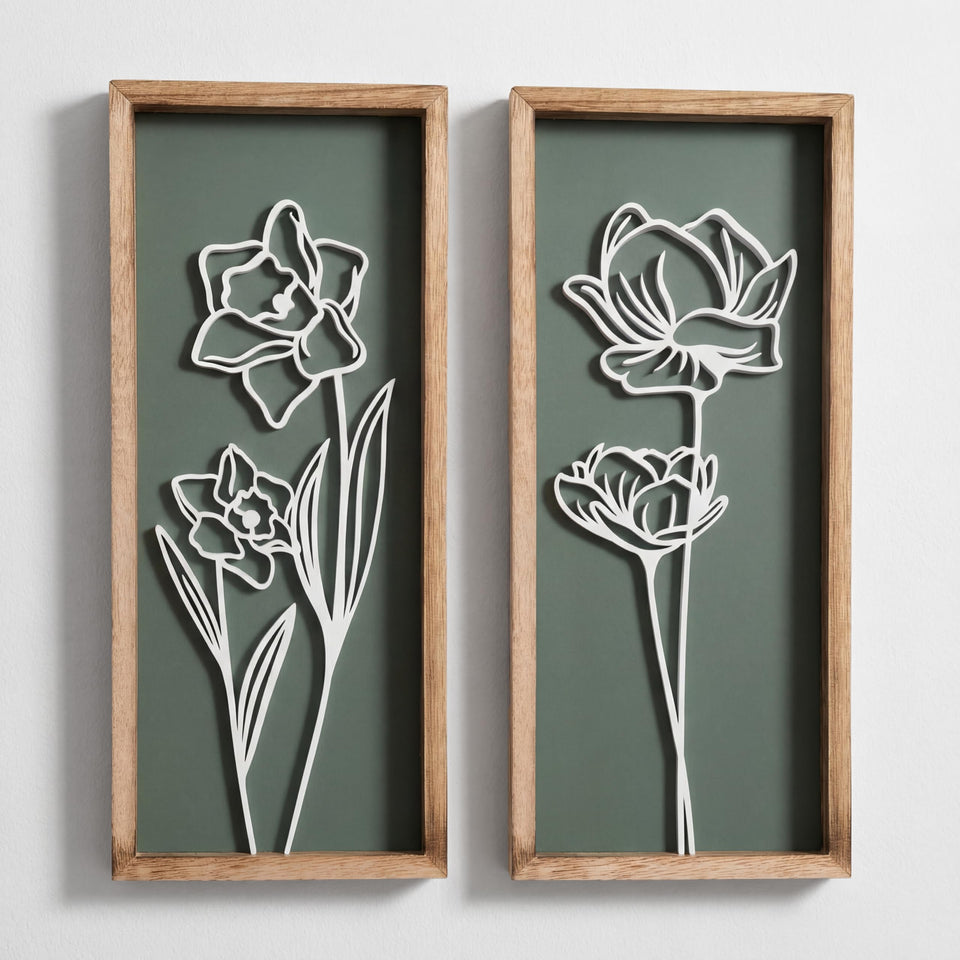 Tide and Tales 3D floral green wall art set adds textured depth to any wall.