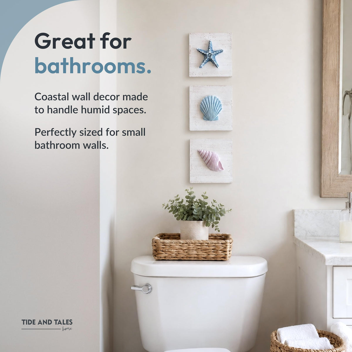 Tide and Tales coastal bathroom decor elevates humid-friendly wall accents