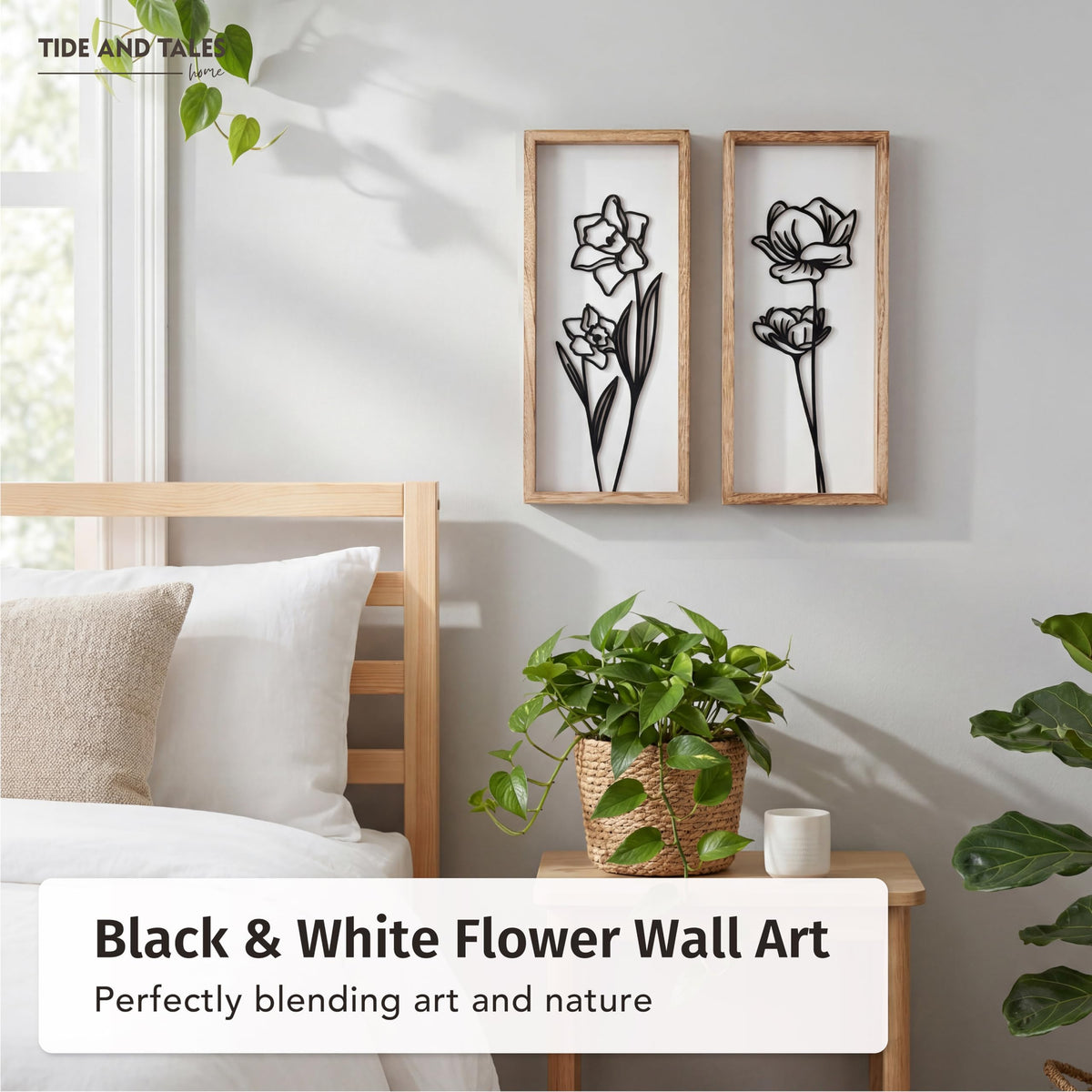 Tide and Tales sturdy wooden frames complement minimalist black-and-white decor.