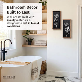 Tide and Tales durable wooden frames resist warping in humid bathrooms