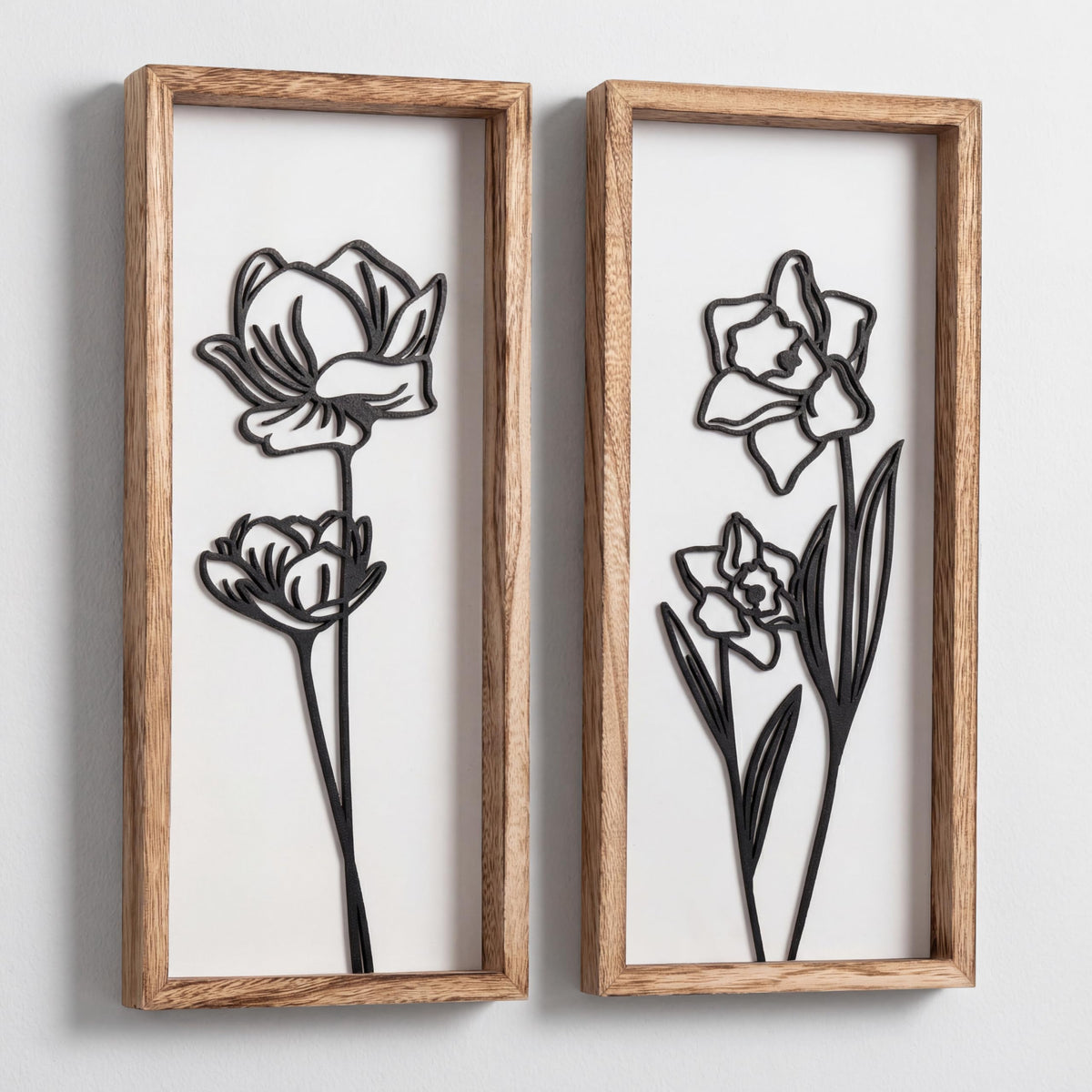 Tide and Tales 3D floral cutout wall art in black and white adds texture for living rooms.