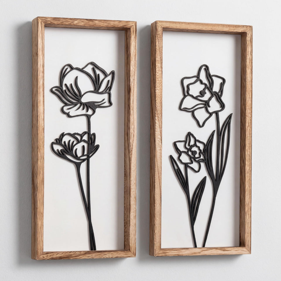 Tide and Tales 3D floral cutout wall art in black and white adds texture for living rooms.