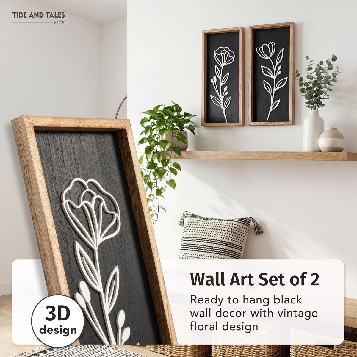 Tide and Tales moody black and white wall art enhances bedroom ambiance