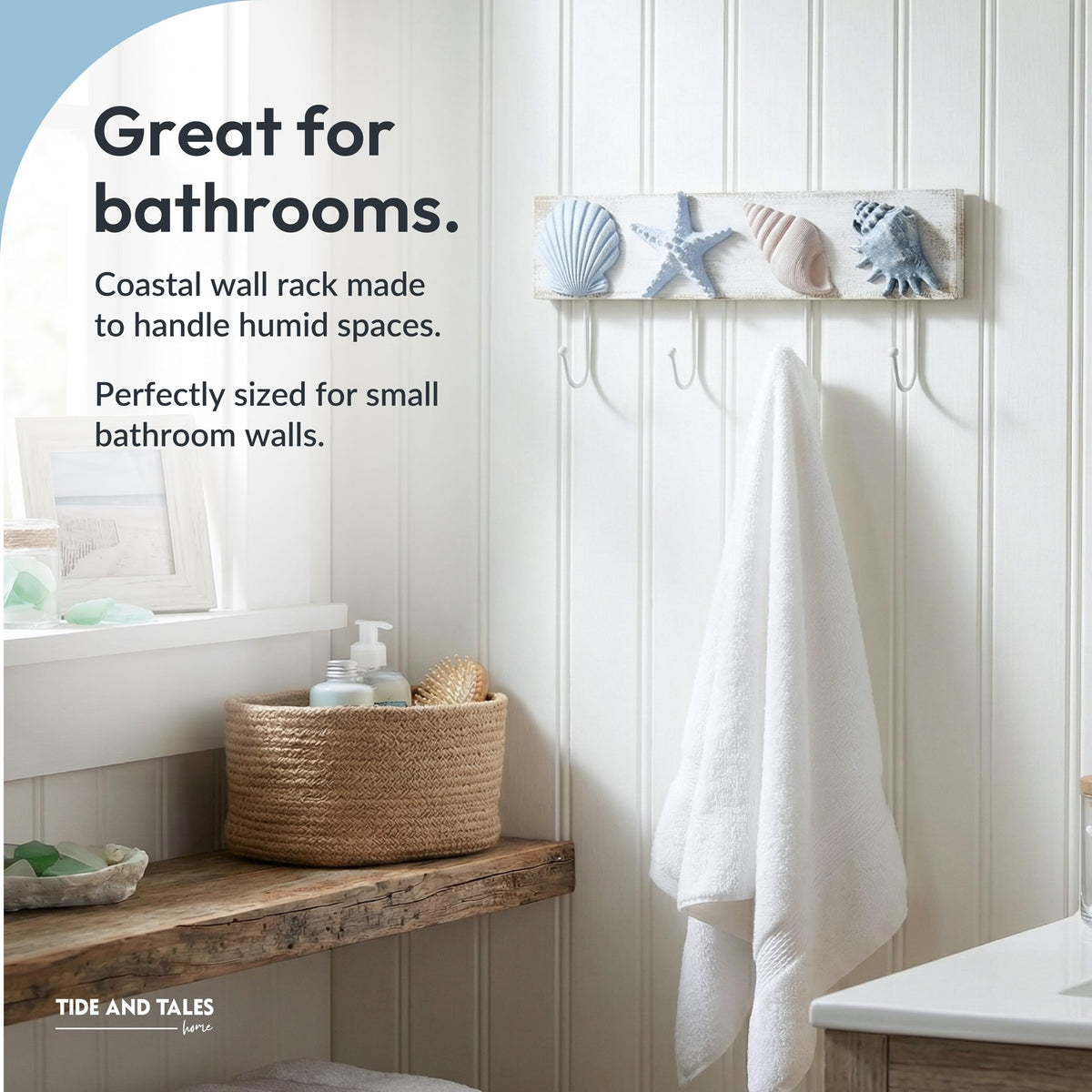 Tide and Tales coastal towel rack with four hooks for bath and kitchen