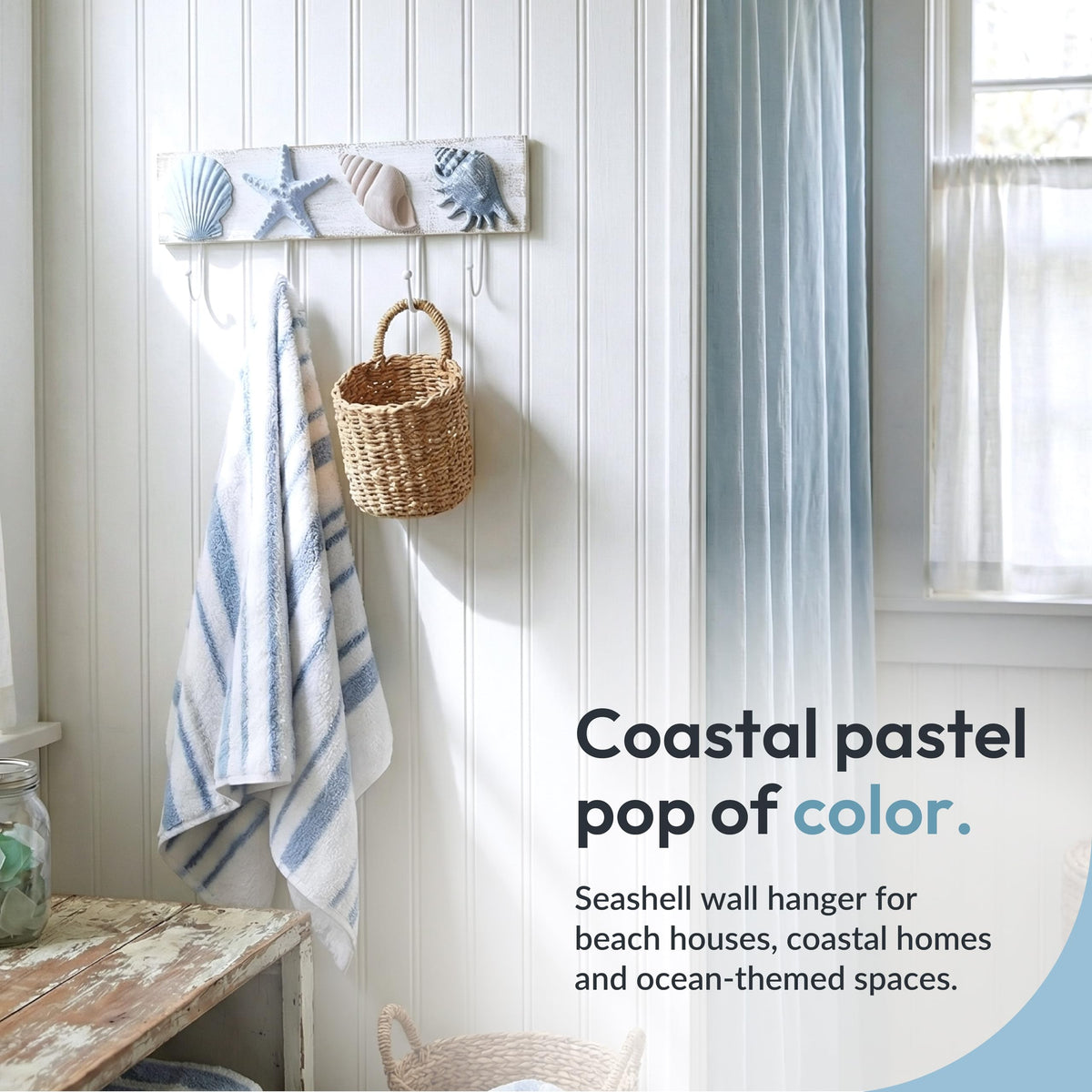 Tide and Tales seashell rack close-up highlighting durable hooks
