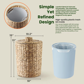 Tidita 4-gallon trash bin in hyacinth weave ideal for compact spaces.