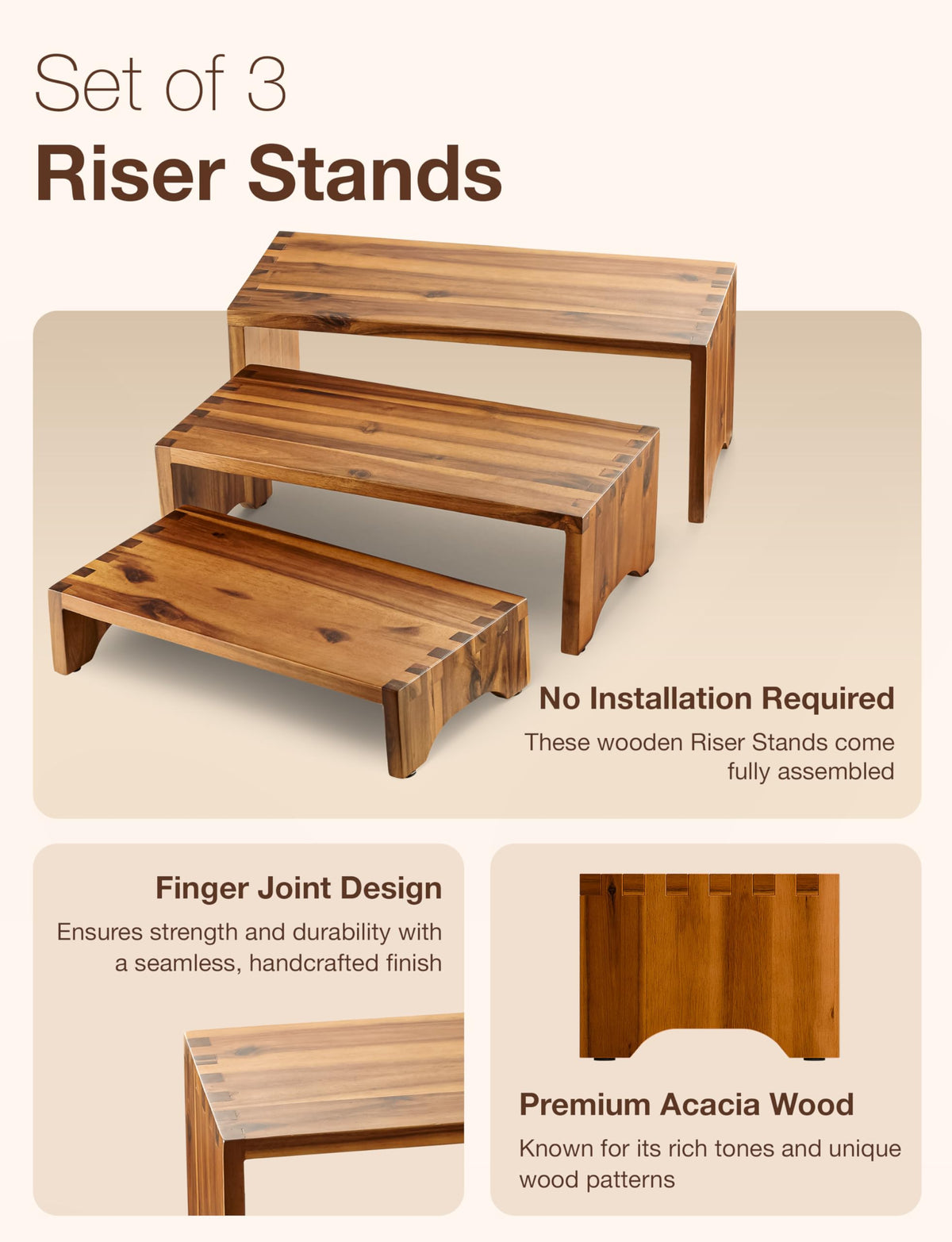 Tidita Acacia Wood Risers 3-tier dessert stand highlights treats at gatherings