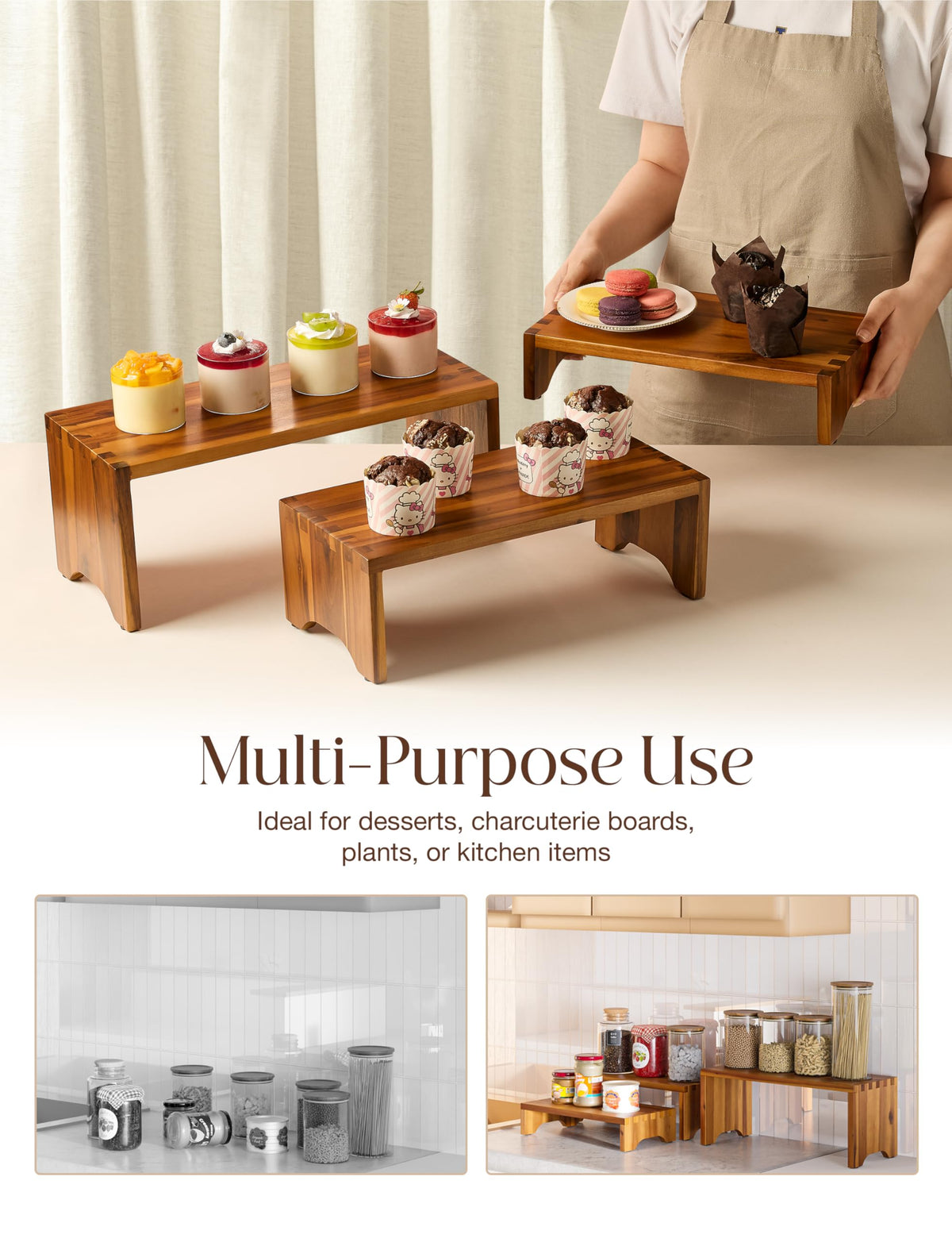 Tidita Acacia Wood Risers 3-tier organizer saves counter space and tidies shelves