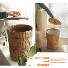 Tidita bathroom trash can in natural hyacinth complements boho decor.