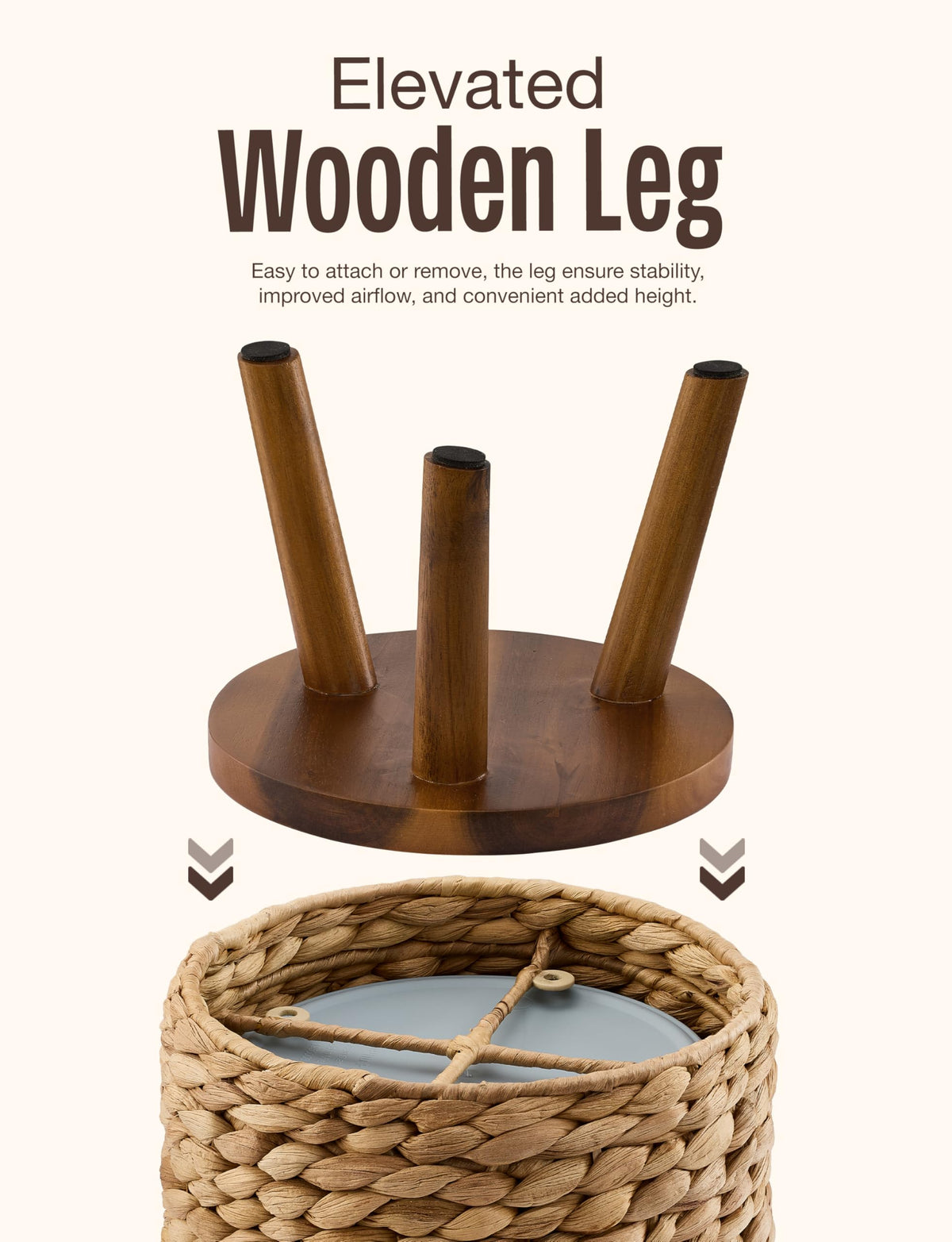 Tidita wicker trash can with wooden legs elevates height to protect bathroom floors.