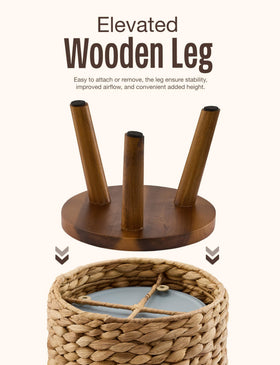 Tidita wicker trash can with wooden legs elevates height to protect bathroom floors.