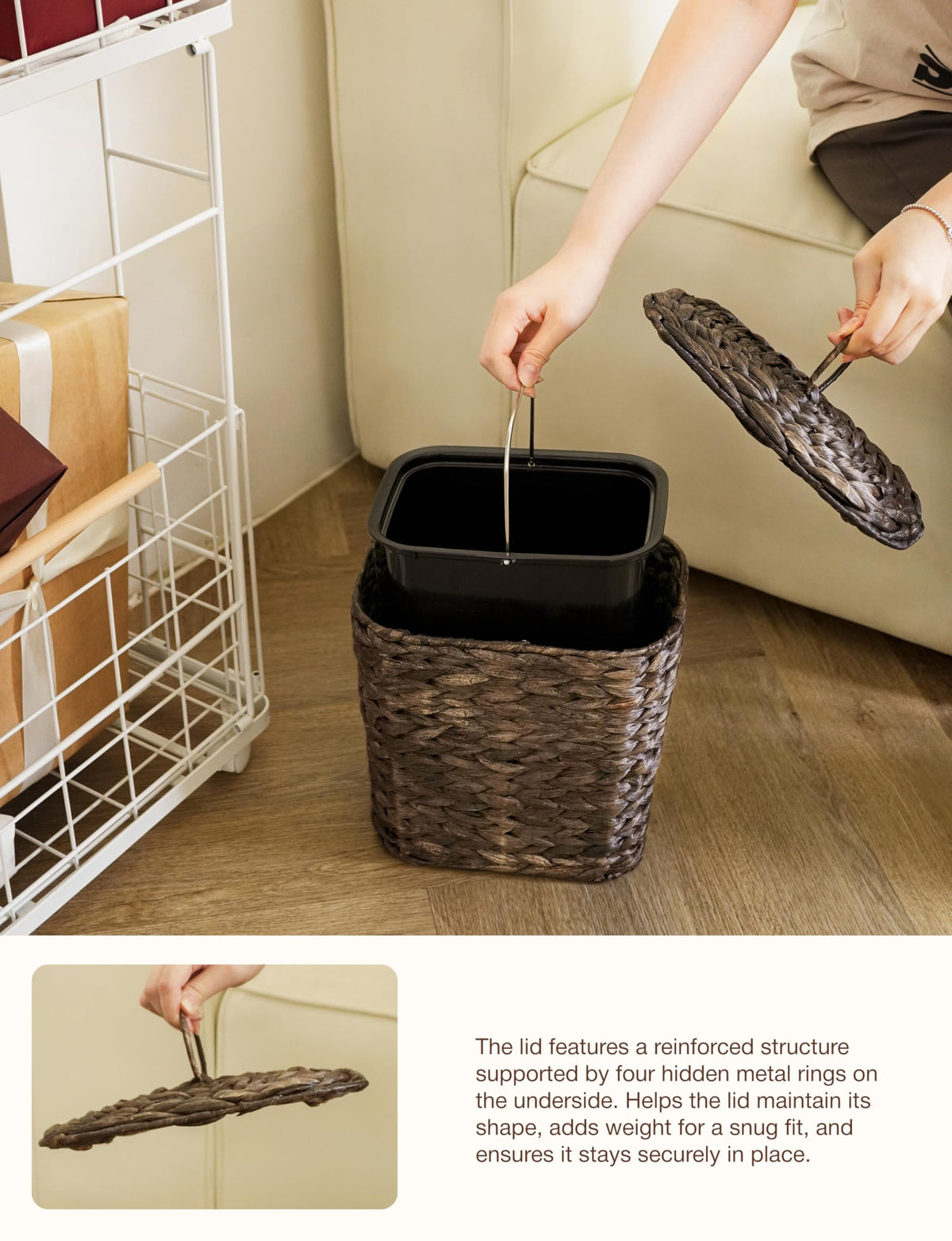 Tidita boho-style waste bin adds natural decor to bathrooms.