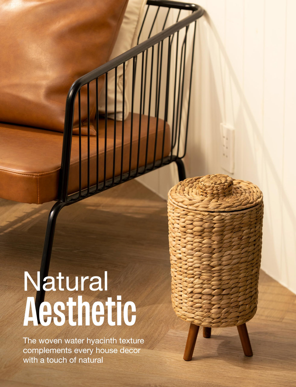 Tidita lid-wicker trash can combines lid privacy with stylish texture.