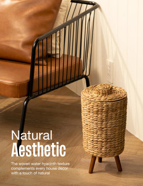 Tidita lid-wicker trash can combines lid privacy with stylish texture.