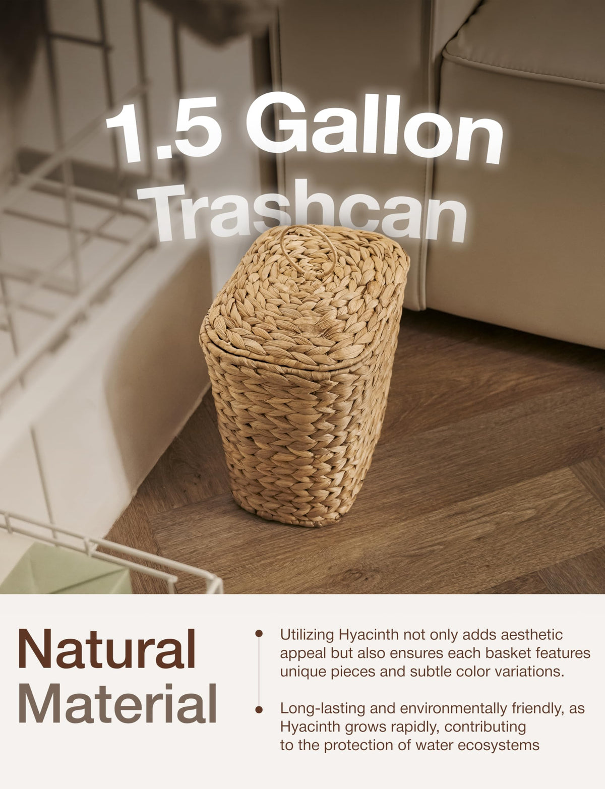 Tidita 1.5-gallon wicker waste bin sized for compact spaces.