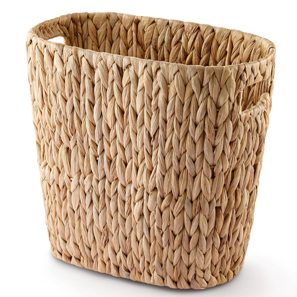 Tidita water hyacinth waste basket with open top for bathroom organization.