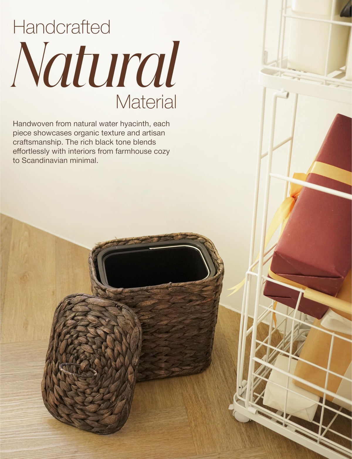 Tidita wicker trash can with black iron frame for durability.