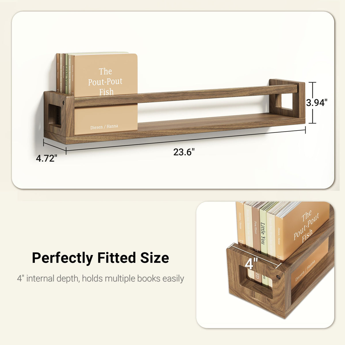 Crossbar prevents items from slipping, ideal for kids' room displays.