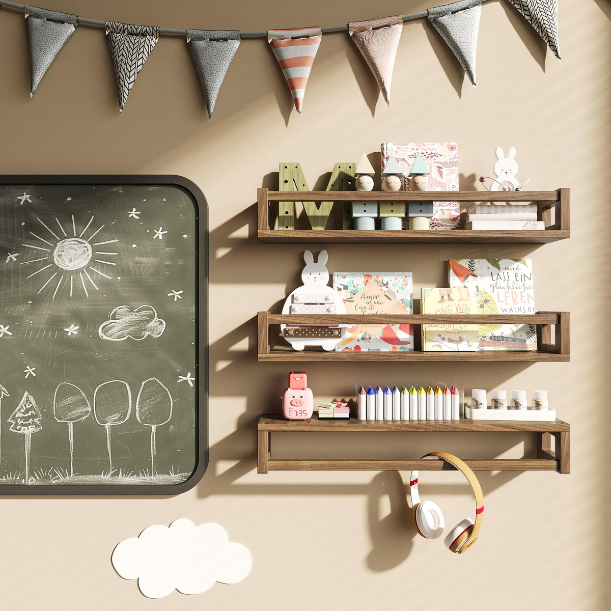 TidyCorner geometric design wall shelf adds style while keeping items secure.