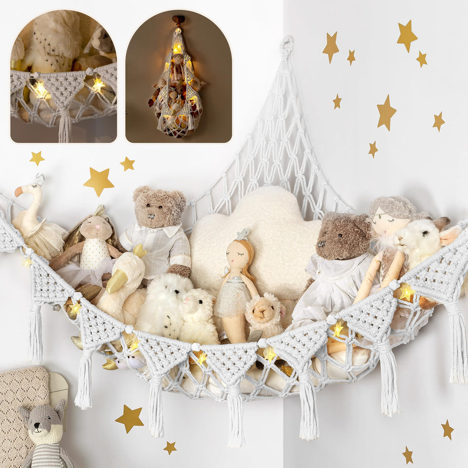 TIDYTEDS Snow White macrame dreamlights hammock neatly stores plush toys.