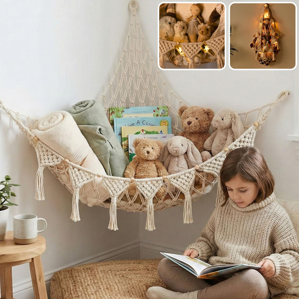 TIDYTEDS stuffed animal hammock corner assembly demonstrates sturdy setup and space-saving organization.