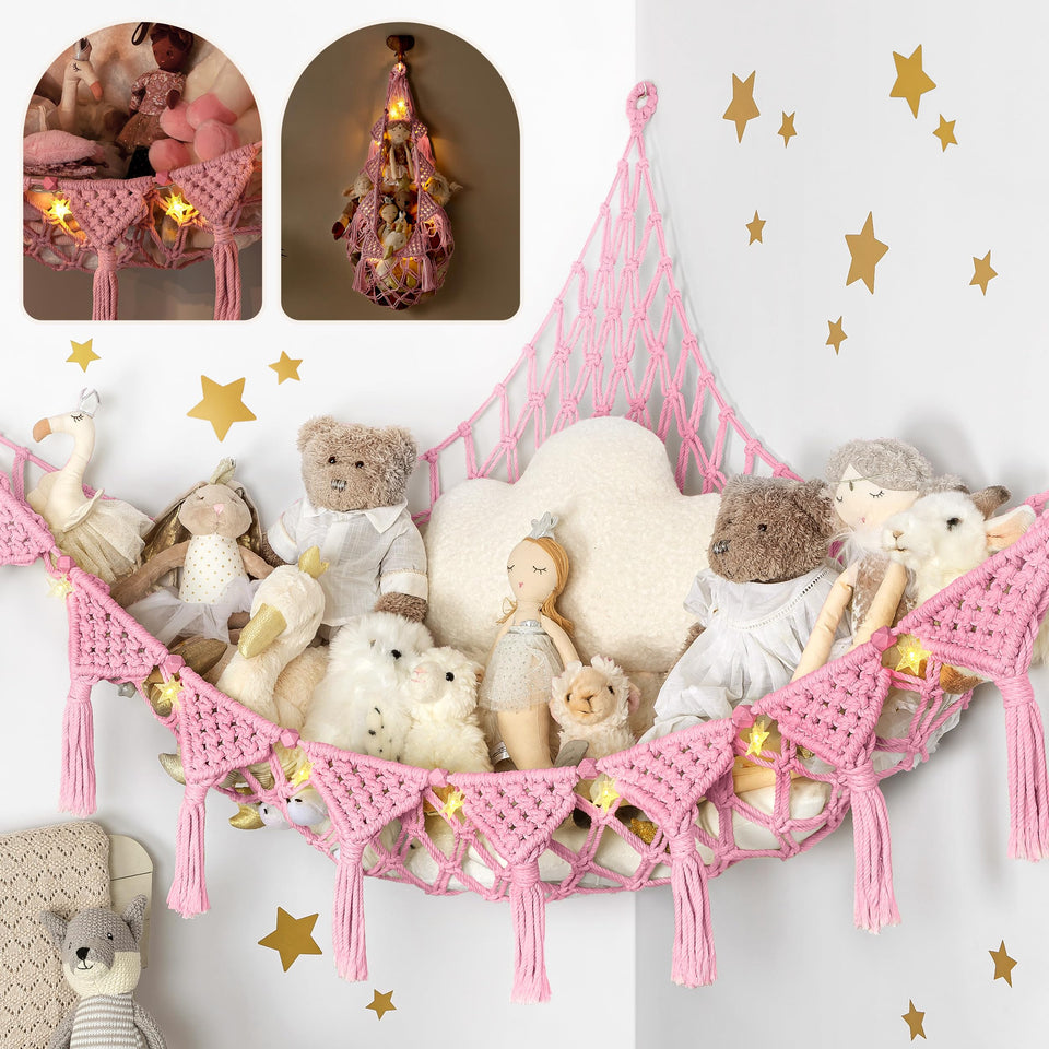 TIDYTEDS stuffed animal hammock corner with pink LED light brightens a cozy play nook.