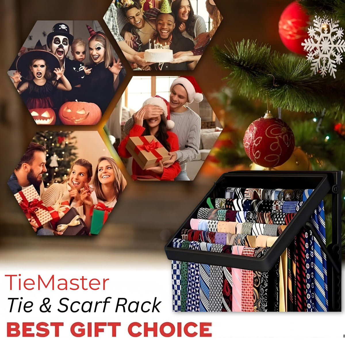 TieMaster all-in-one rack consolidates ties, scarves, and belts for easy selection