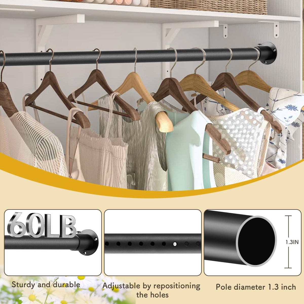 Tiemlet closet rod adjustable splice design enables flexible closet layouts