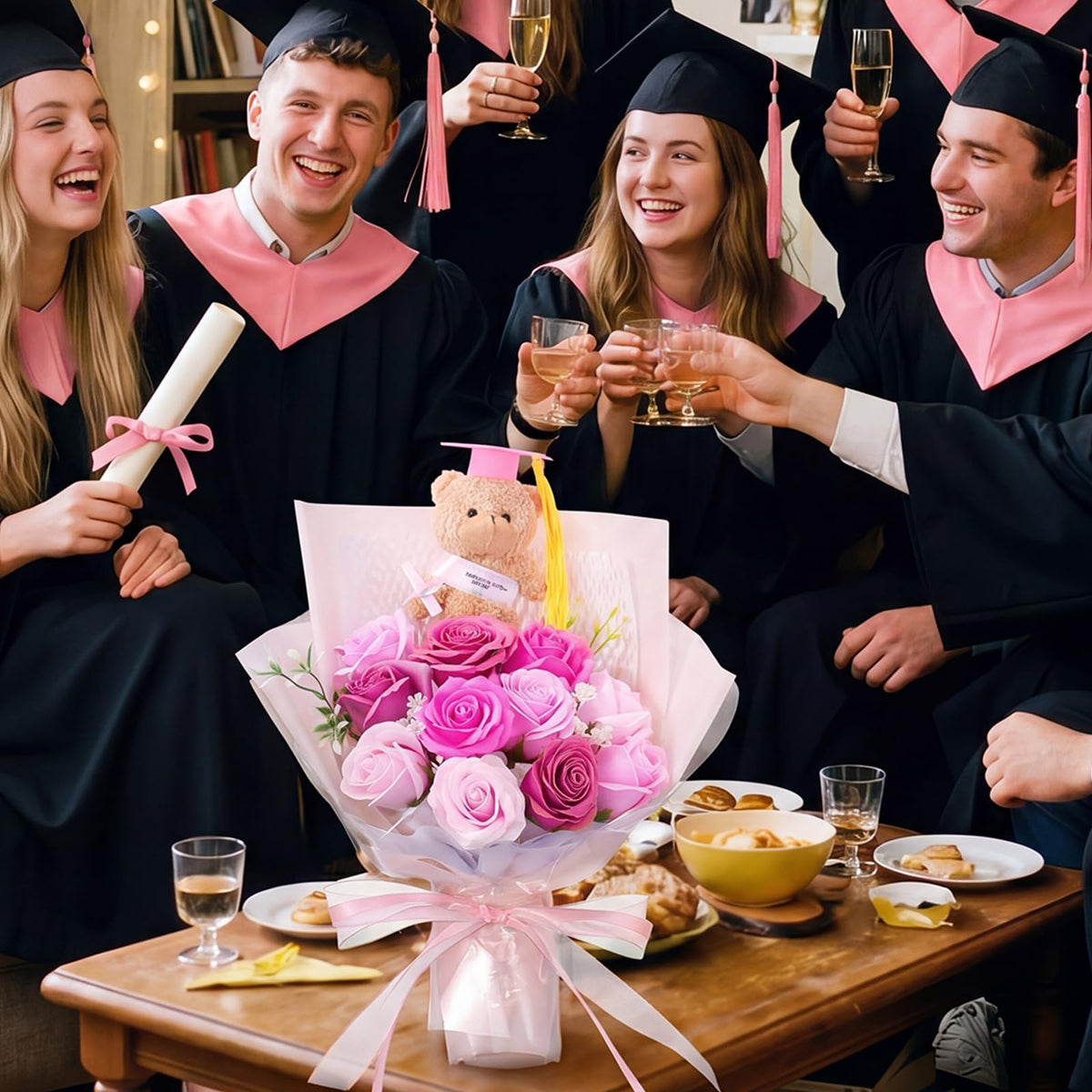 Tigeen bouquet on desk display serves as a tasteful graduation centerpiece.