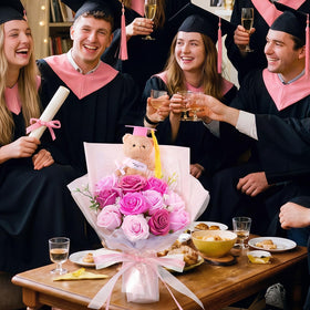 Tigeen bouquet on desk display serves as a tasteful graduation centerpiece.