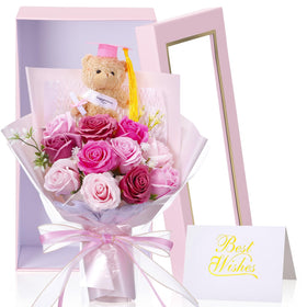 Tigeen graduation bear flower bouquet with vibrant soap roses for a lasting keepsake.