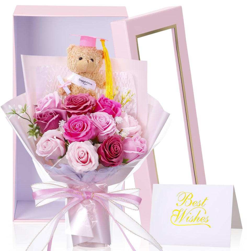 Tigeen graduation bear flower bouquet with vibrant soap roses for a lasting keepsake.