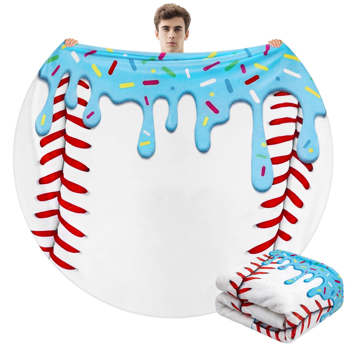 Tigeen ice cream baseball blanket, round blue, full-coverage for cozy game-day lounging.