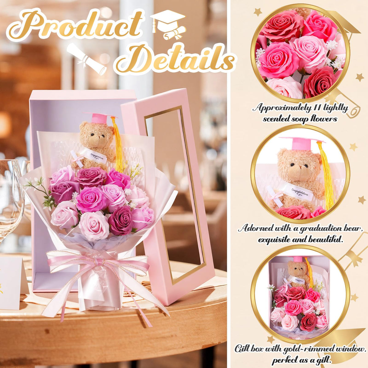 Tigeen mini plush graduation bear adds soft charm to the bouquet.