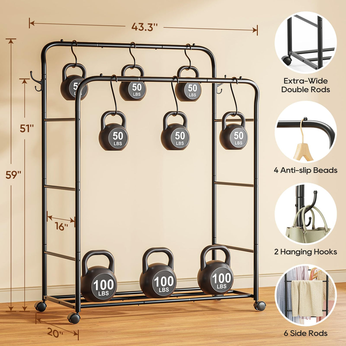 TigerParty rolling wheels on rack for easy movement