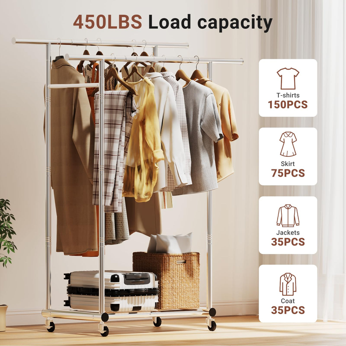 TigerParty heavy-duty rack holds up to 450 lbs of seasonally worn coats.