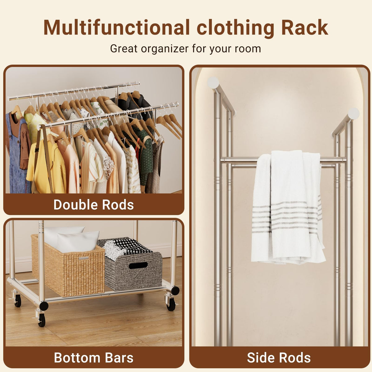 Side extension rods add space for bags, hats, and accessories.