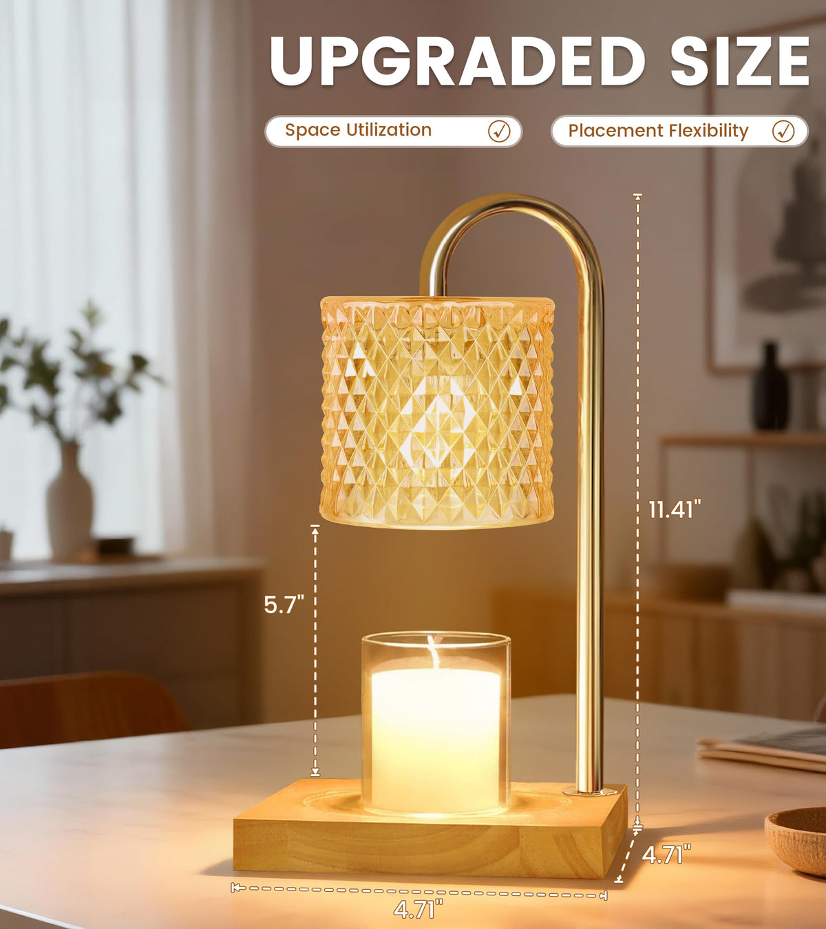 TigQiang amber glass warmer with dimmer control showing adjustable brightness.