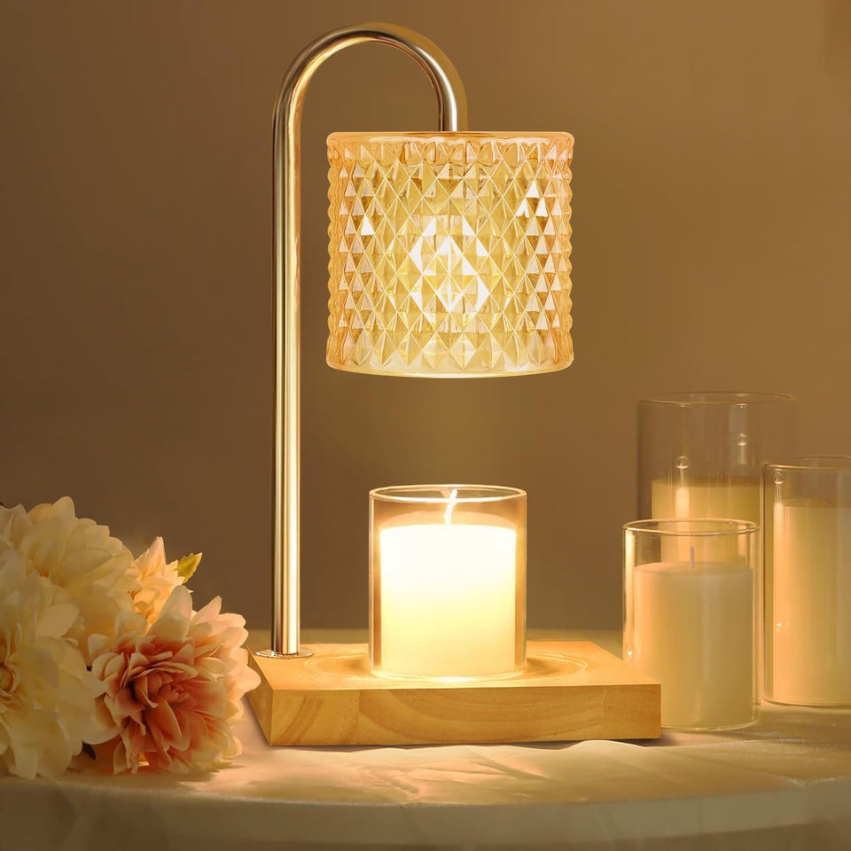 TigQiang Candle Warmer Lamp in amber glass, side view glow creates welcoming ambience.