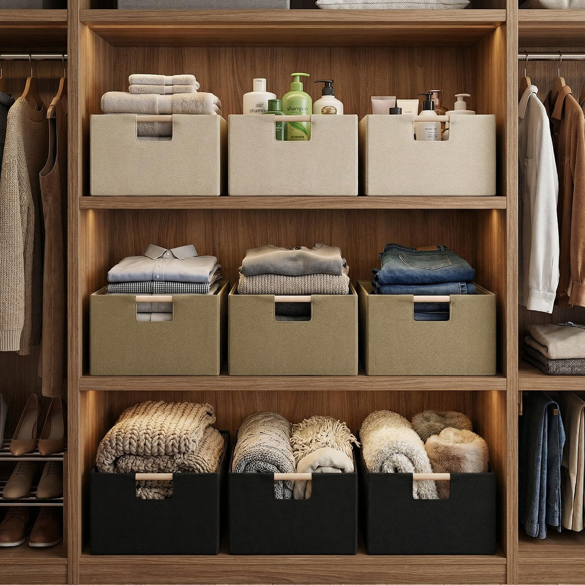 Tihaolity beige basket on a shelf for closet organization and clutter-free rooms.