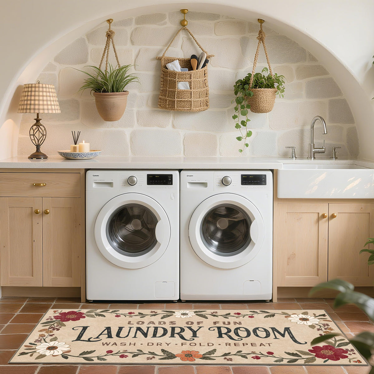 TIKIRUGI boho floral design adds warmth to compact laundry spaces.