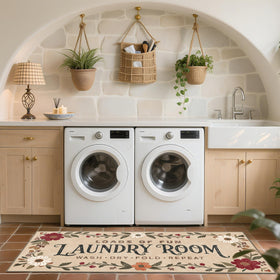 TIKIRUGI boho floral design adds warmth to compact laundry spaces.