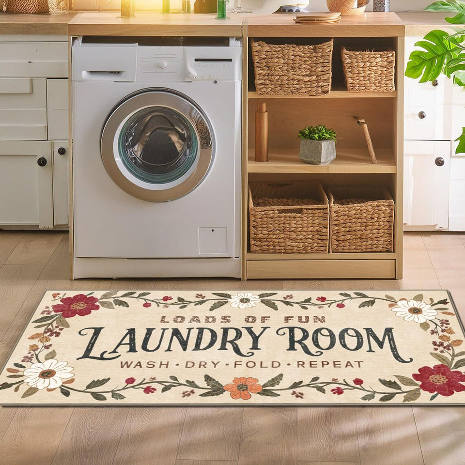 TIKIRUGI laundry room rug with TPE backing for slip resistance and floor protection.