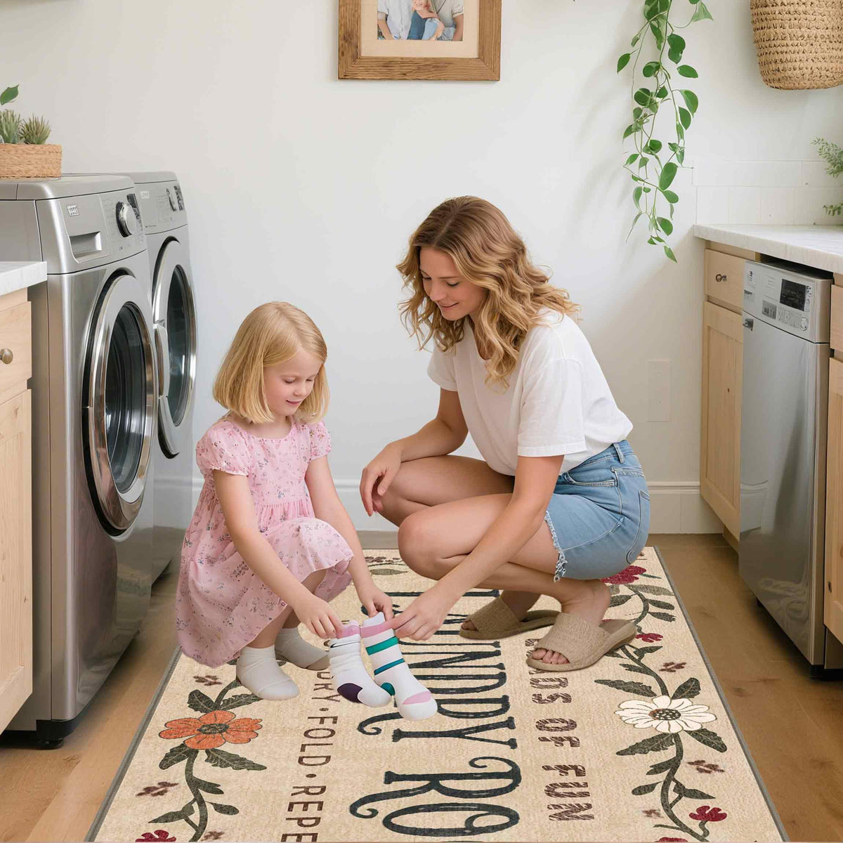 TIKIRUGI rug placed in front of a standard washer and dryer for space-saving use.