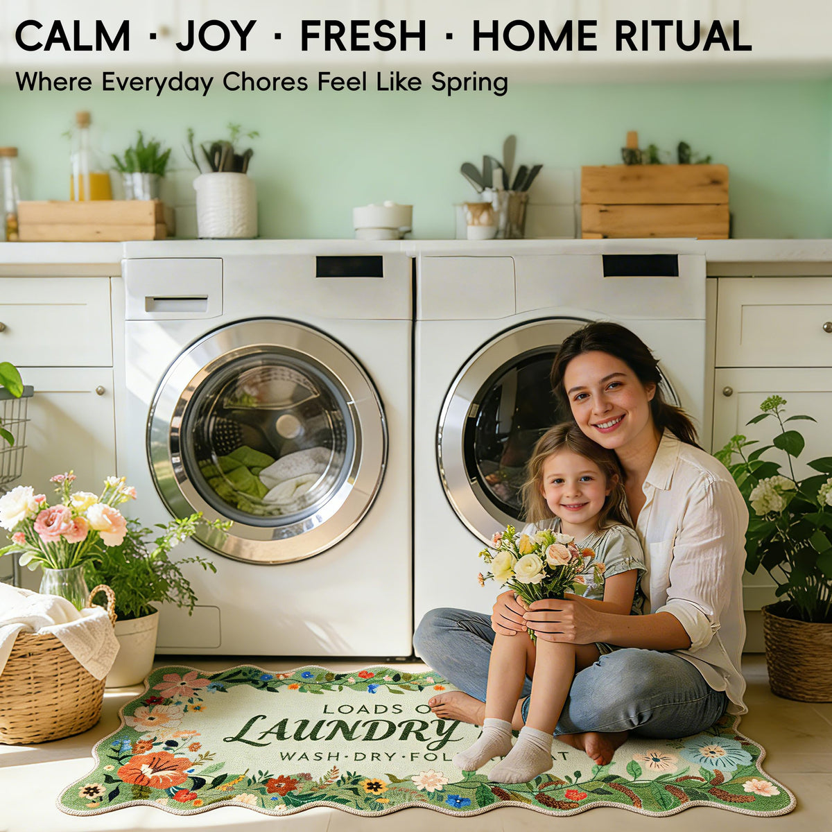 TIKIRUGI laundry rug green floral boho close-up fabric texture