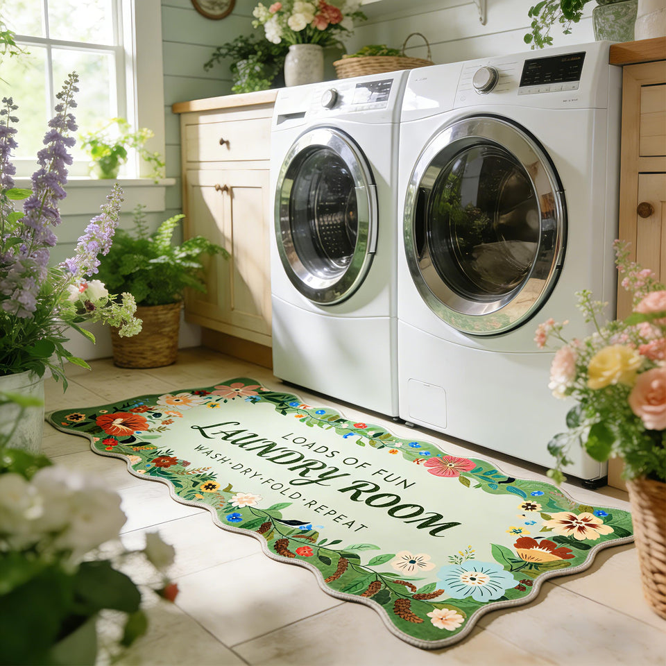TIKIRUGI laundry rug green floral boho front view with non-slip grip