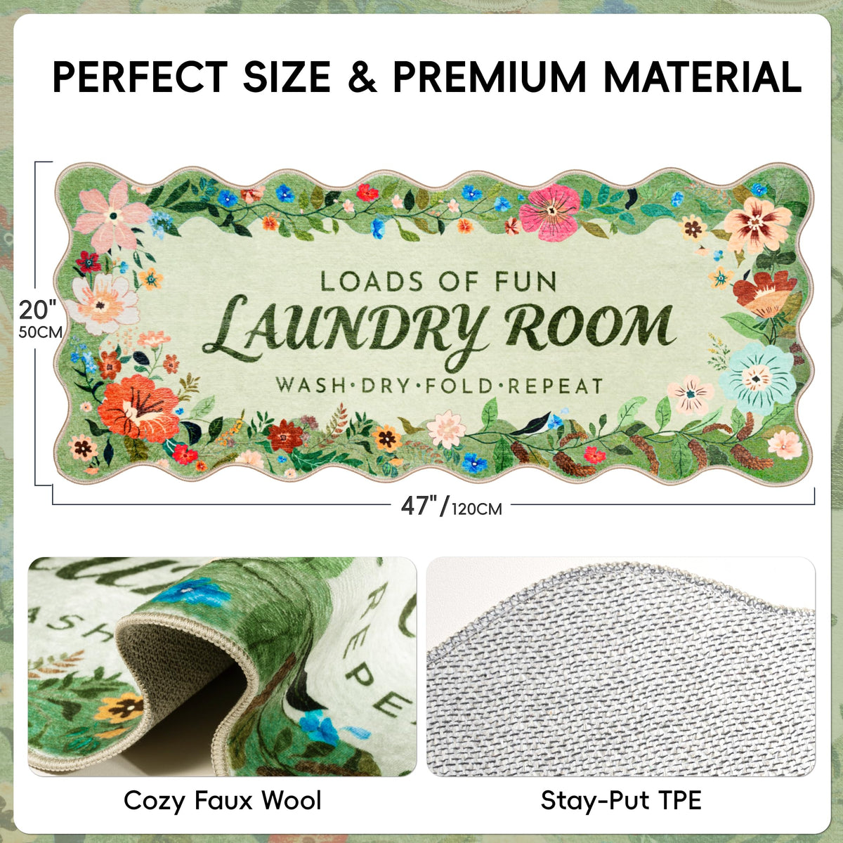 TIKIRUGI laundry rug green floral boho under-door low-profile design