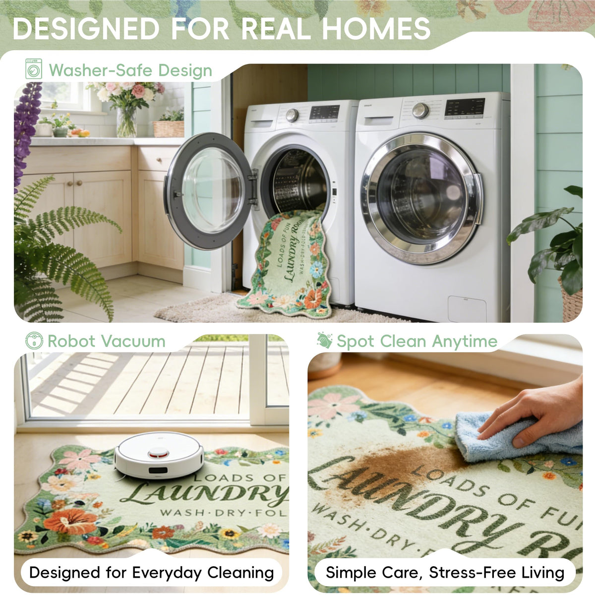 TIKIRUGI laundry rug green floral boho wash-and-dry friendly